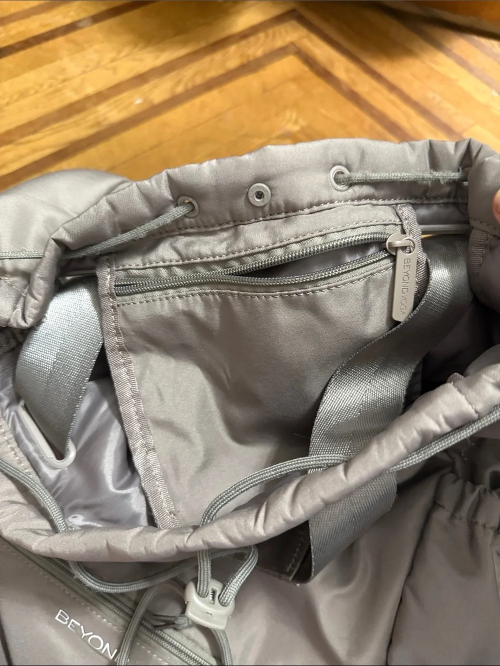 Beyond Yoga Taupe Drawstring Gym Backpack
